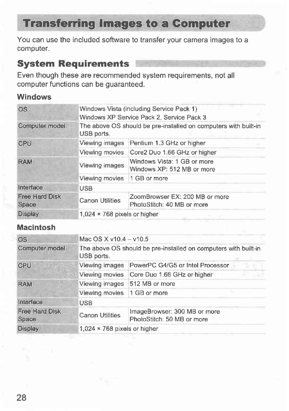 Transferring images to a computer, System requirements, Windows | Macintosh | Canon IXUS 100 IS User Manual | Page 28 / 36