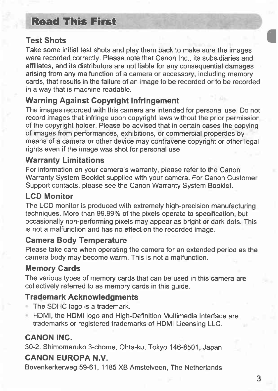 Read this first, Test shots, Warning against copyright infringement | Warranty limitations, Lcd monitor, Camera body temperature, Trademark acknowledgments, Canon inc, Canon europa n.v | Canon IXUS 100 IS User Manual | Page 3 / 36