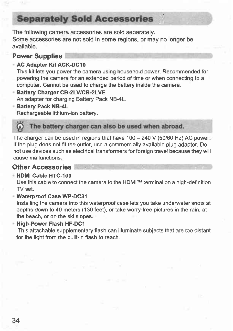 Separately sold accessories, Power supplies, The battery charger can also be used when abroad | Other accessories | Canon IXUS 100 IS User Manual | Page 34 / 36