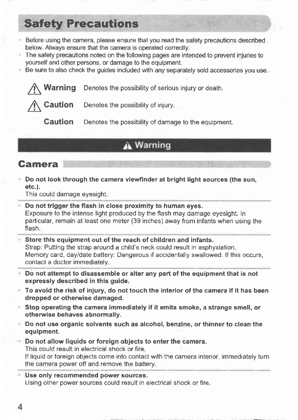 S^ety ^№cailtions, Warning, Yj\^ caution | Caution, A warning camera | Canon IXUS 100 IS User Manual | Page 4 / 36
