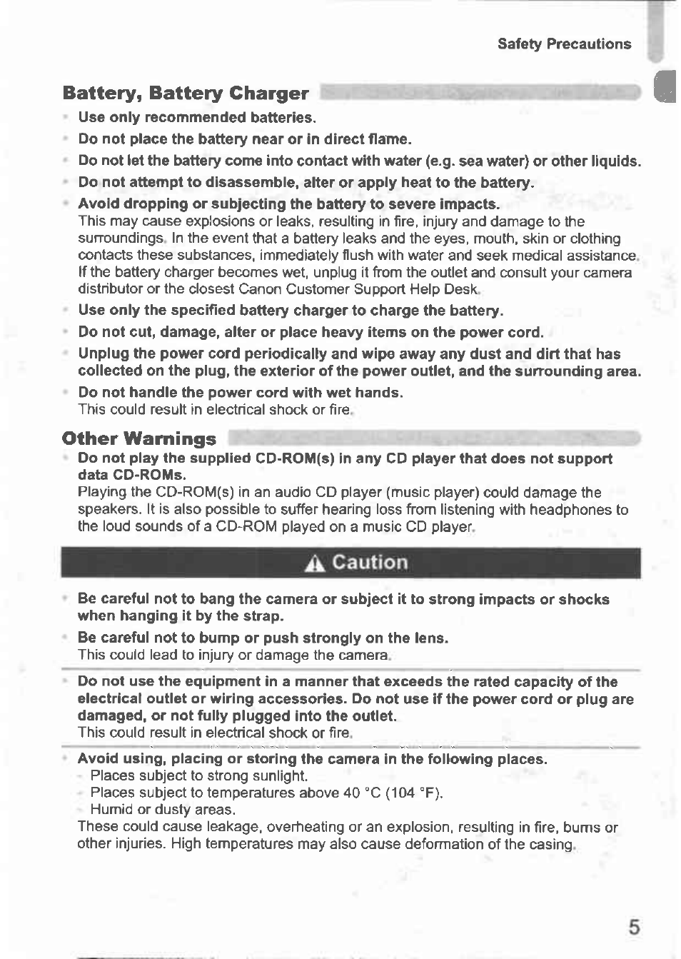 Battery, battery charger, Other warnings, À caution | Canon IXUS 100 IS User Manual | Page 5 / 36