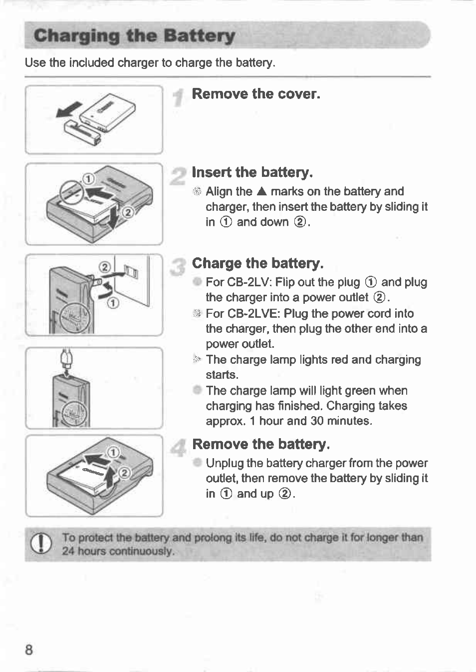 Charging the battery, Remove the cover. insert the battery, Charge the battery | Remove the battery | Canon IXUS 100 IS User Manual | Page 8 / 36