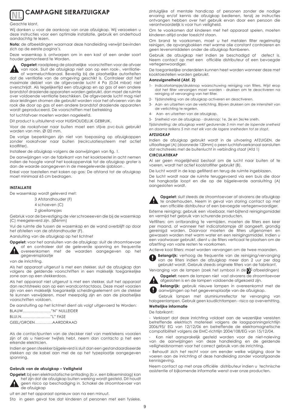 Campagne sierafzuigkap | Cata TF 3600 User Manual | Page 9 / 12