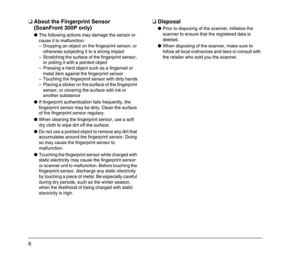 About the fingerprint sensor (scanfront 300p only), Disposal | Canon SCANFRONT 300 User Manual | Page 12 / 28