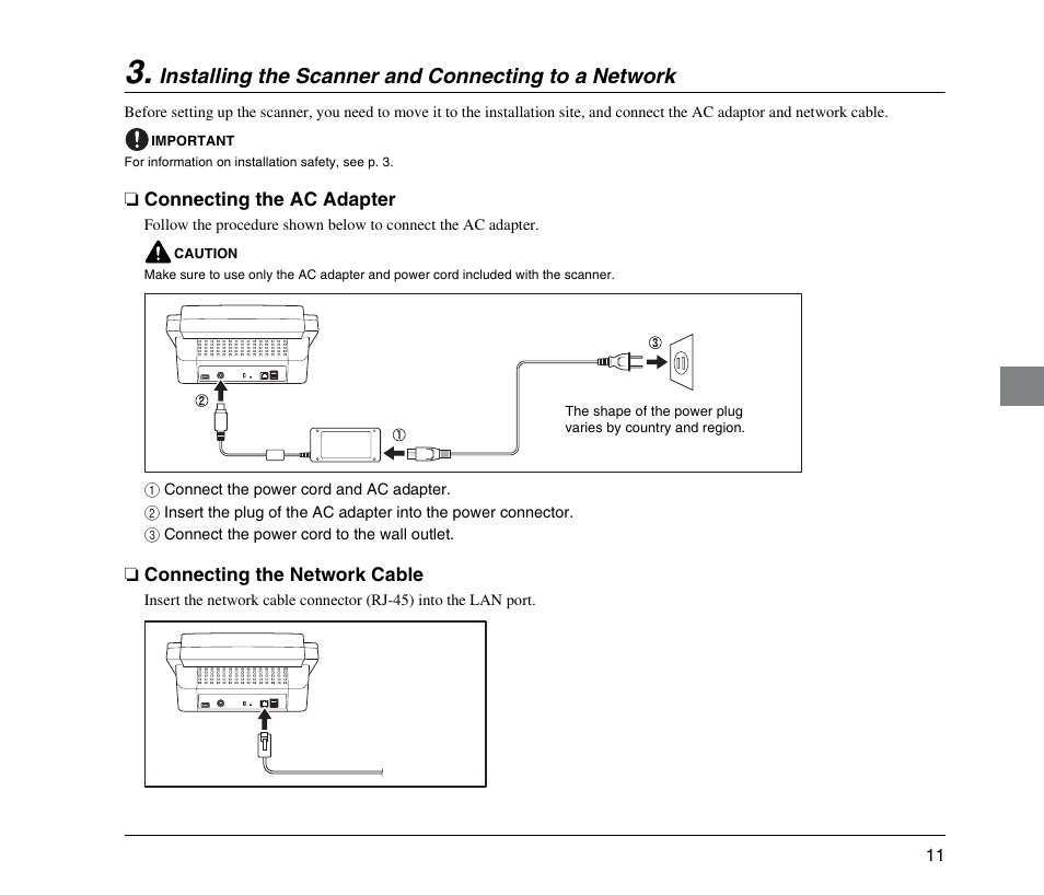 Installing the scanner and connecting to a network, Connecting the ac adapter, Connecting the network cable | Installing the scanner and connecting to, A network | Canon SCANFRONT 300 User Manual | Page 17 / 28