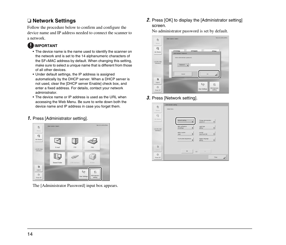 Network settings, See p. 14.) | Canon SCANFRONT 300 User Manual | Page 20 / 28