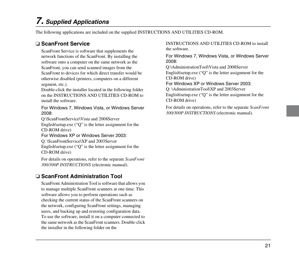 Supplied applications, Scanfront service, Scanfront administration tool | Scanfront service scanfront administration tool, Supplied applications (see p. 21) | Canon SCANFRONT 300 User Manual | Page 27 / 28