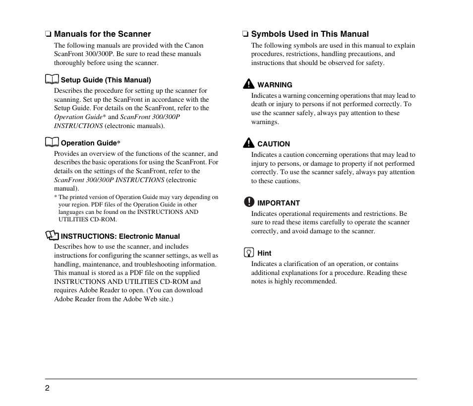 Manuals for the scanner, Symbols used in this manual | Canon SCANFRONT 300 User Manual | Page 8 / 28