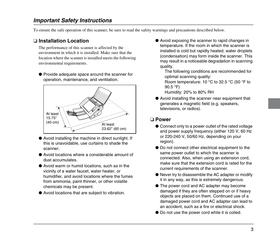 Important safety instructions, Installation location, Power | Installation location power | Canon SCANFRONT 300 User Manual | Page 9 / 28