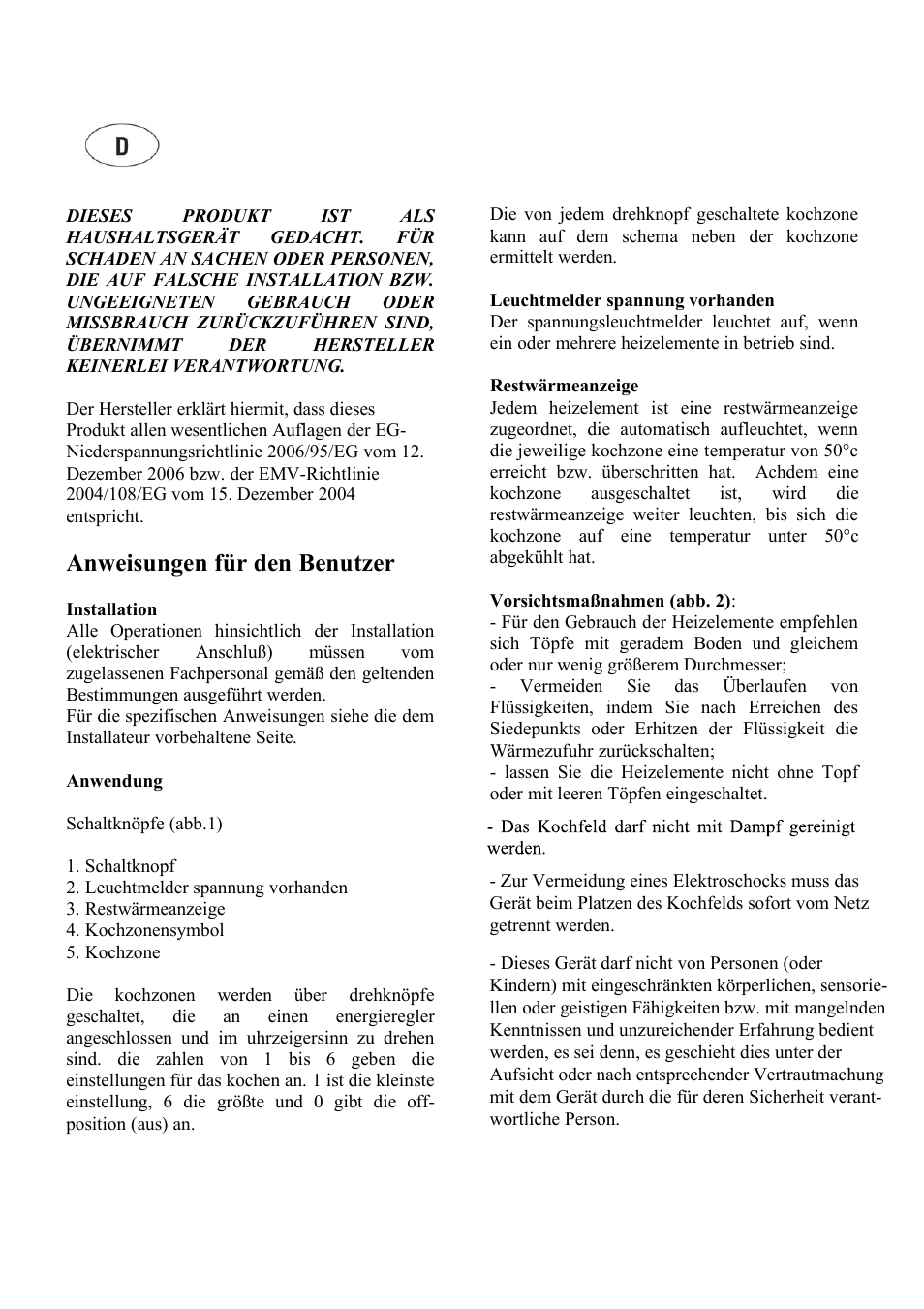 De01.ai, Anweisungen für den benutzer | Cata 604 HVI User Manual | Page 5 / 40