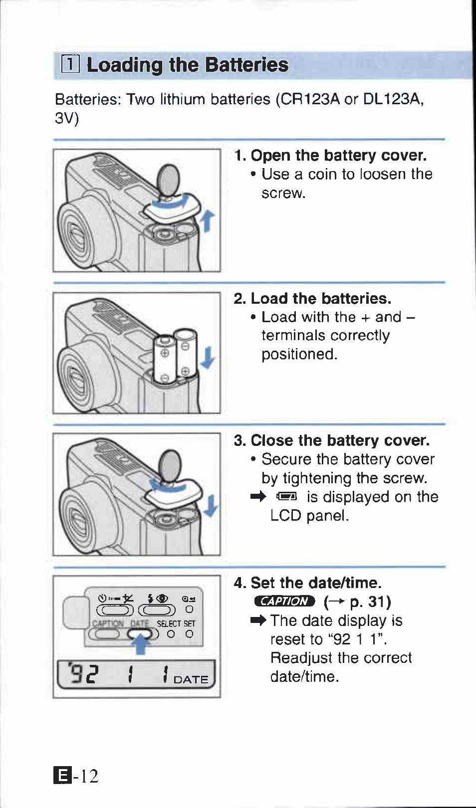 Q] loading the batteries, Open the battery cover, Load the batteries | Set the date/time, B-12 | Canon Z135 User Manual | Page 12 / 43