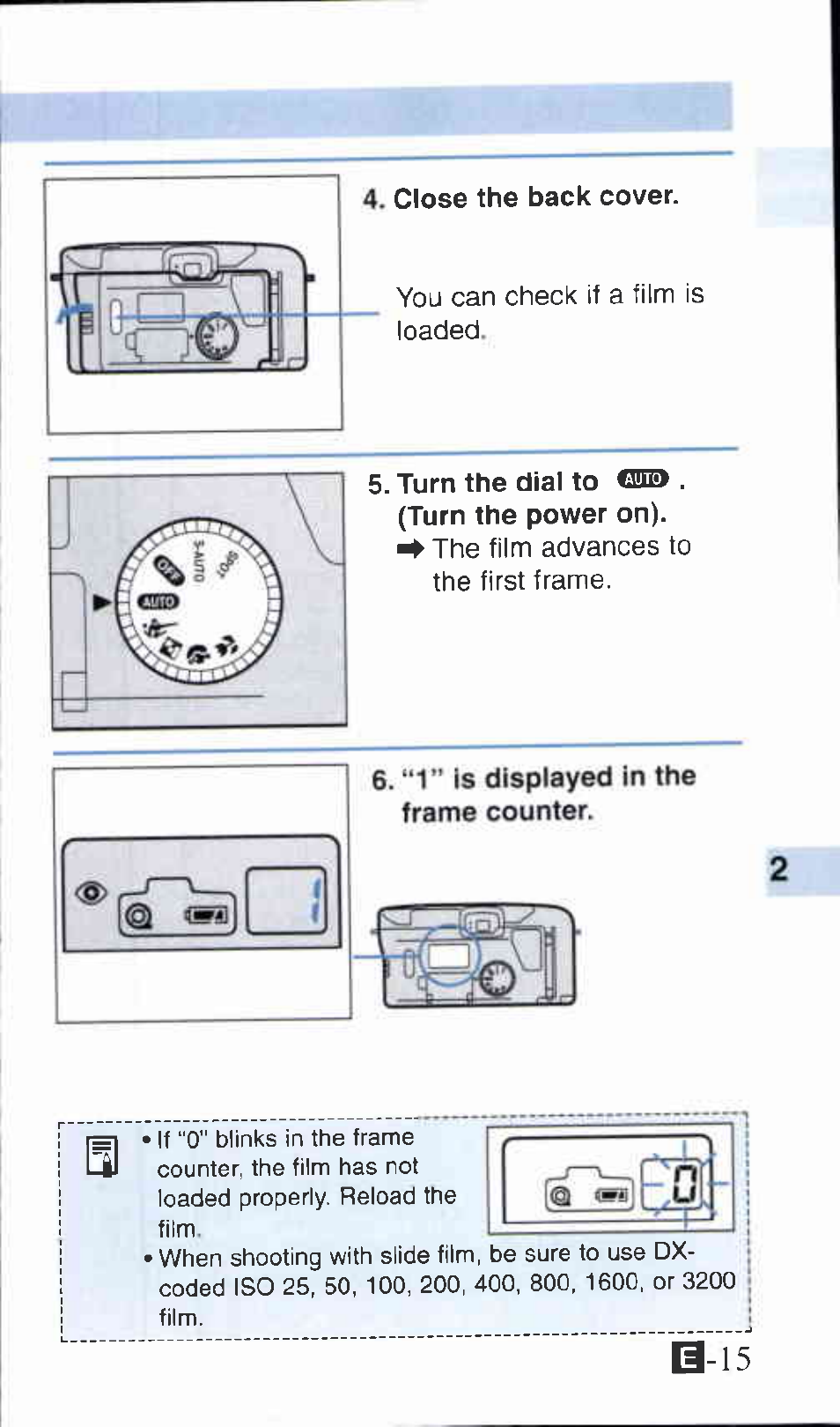 Close the back cover, Turn the dial to q® . (turn the power on) | Canon Z135 User Manual | Page 15 / 43