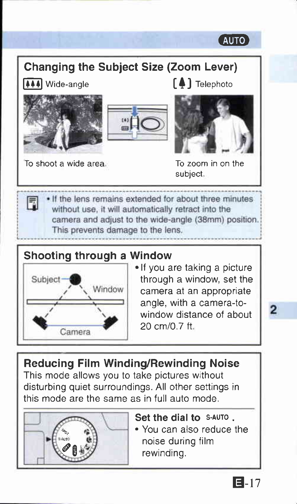 Changing the subject size (zoom lever), Shooting through a window, Reducing fiim winding/rewinding noise | Reducing film winding/rewinding noise.‘.'7 | Canon Z135 User Manual | Page 17 / 43