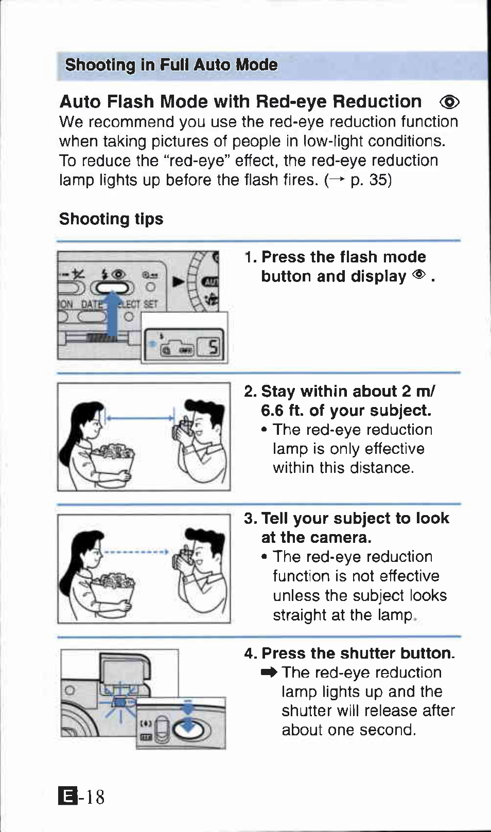 Auto fiash mode with red-eye reduction, Shooting tips, Press the flash mode button and display | Stay within about 2 m/ 6.6 ft. of your subject, Tell your subject to look at the camera, Press the shutter button | Canon Z135 User Manual | Page 18 / 43