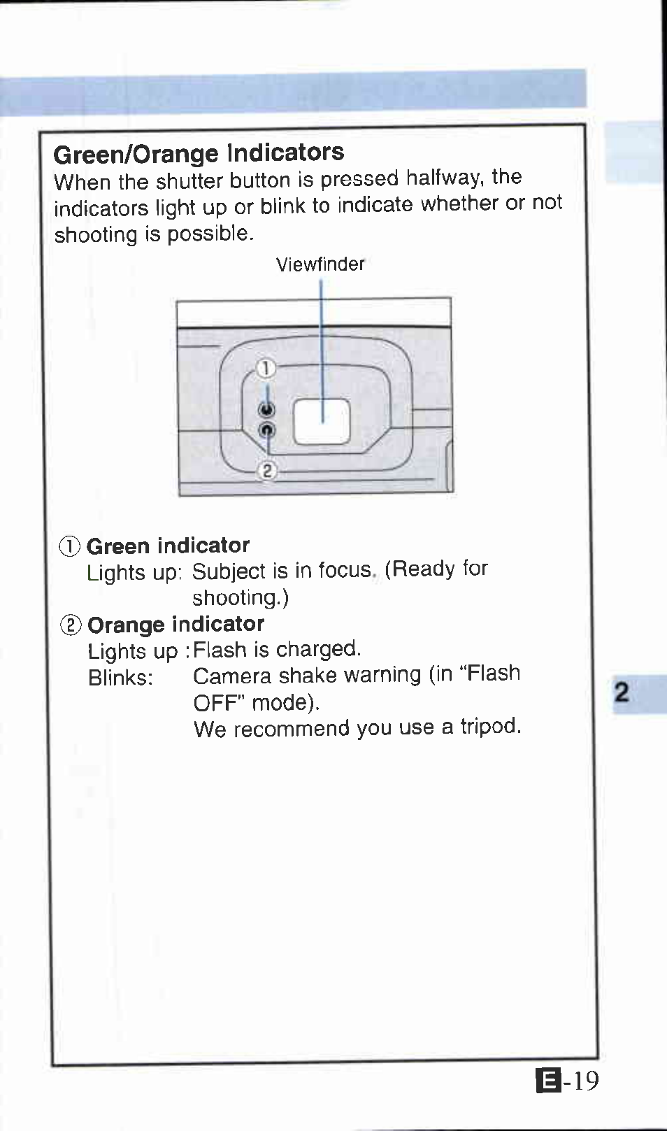 Green/orange indicators, Green indicator | Canon Z135 User Manual | Page 19 / 43