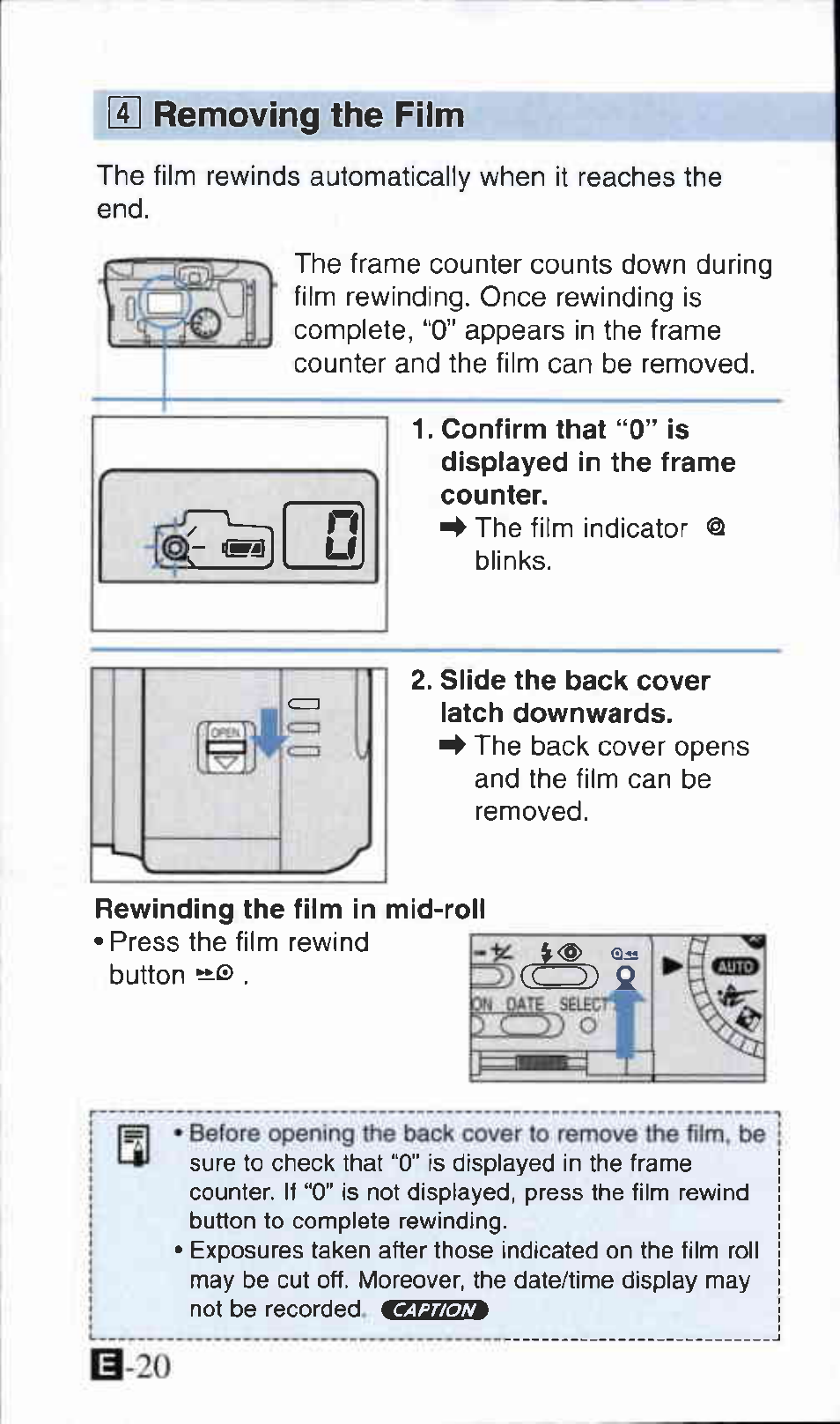 B removing the film, Slide the back cover latch downwards, Rewinding the film in mid-roll | S] removing the film | Canon Z135 User Manual | Page 20 / 43