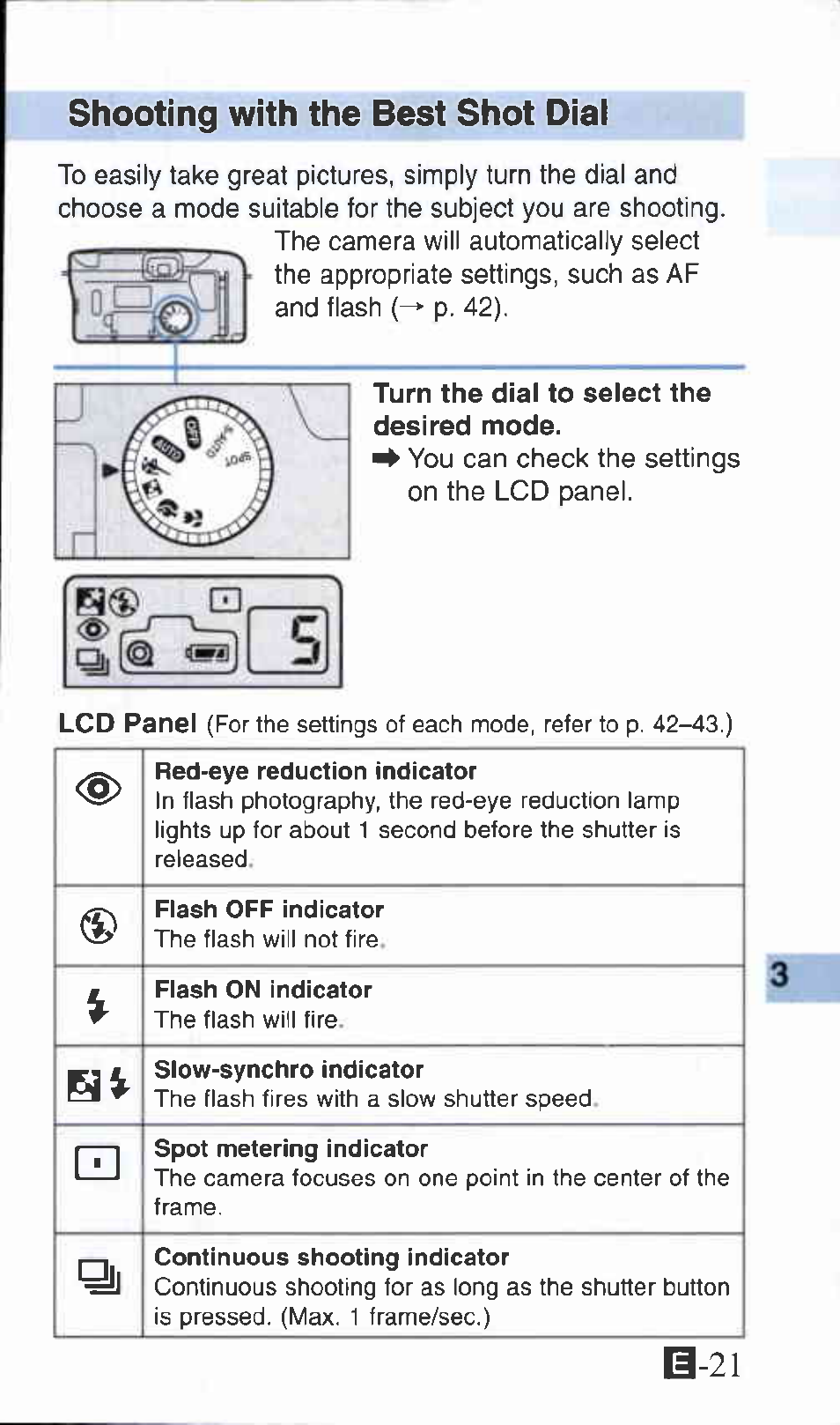 Turn the dial to select the desired mode, Shooting with the best shot dial, B-21 | Canon Z135 User Manual | Page 21 / 43