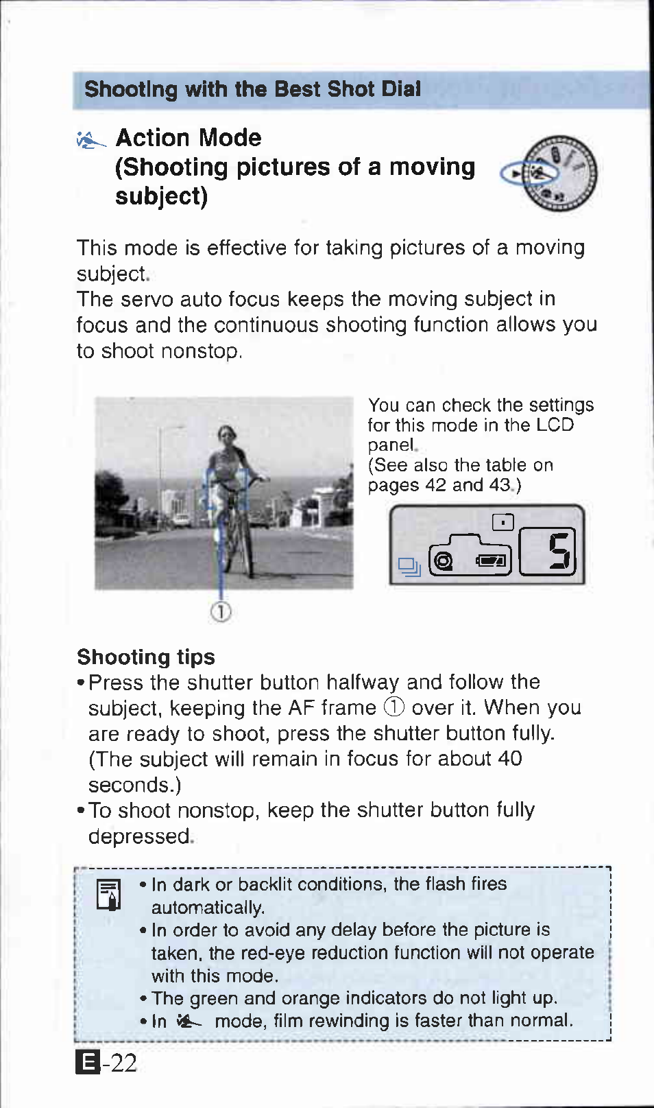 Action mode, Shooting pictures of a moving ^ subject), Shooting tips | B-22 | Canon Z135 User Manual | Page 22 / 43