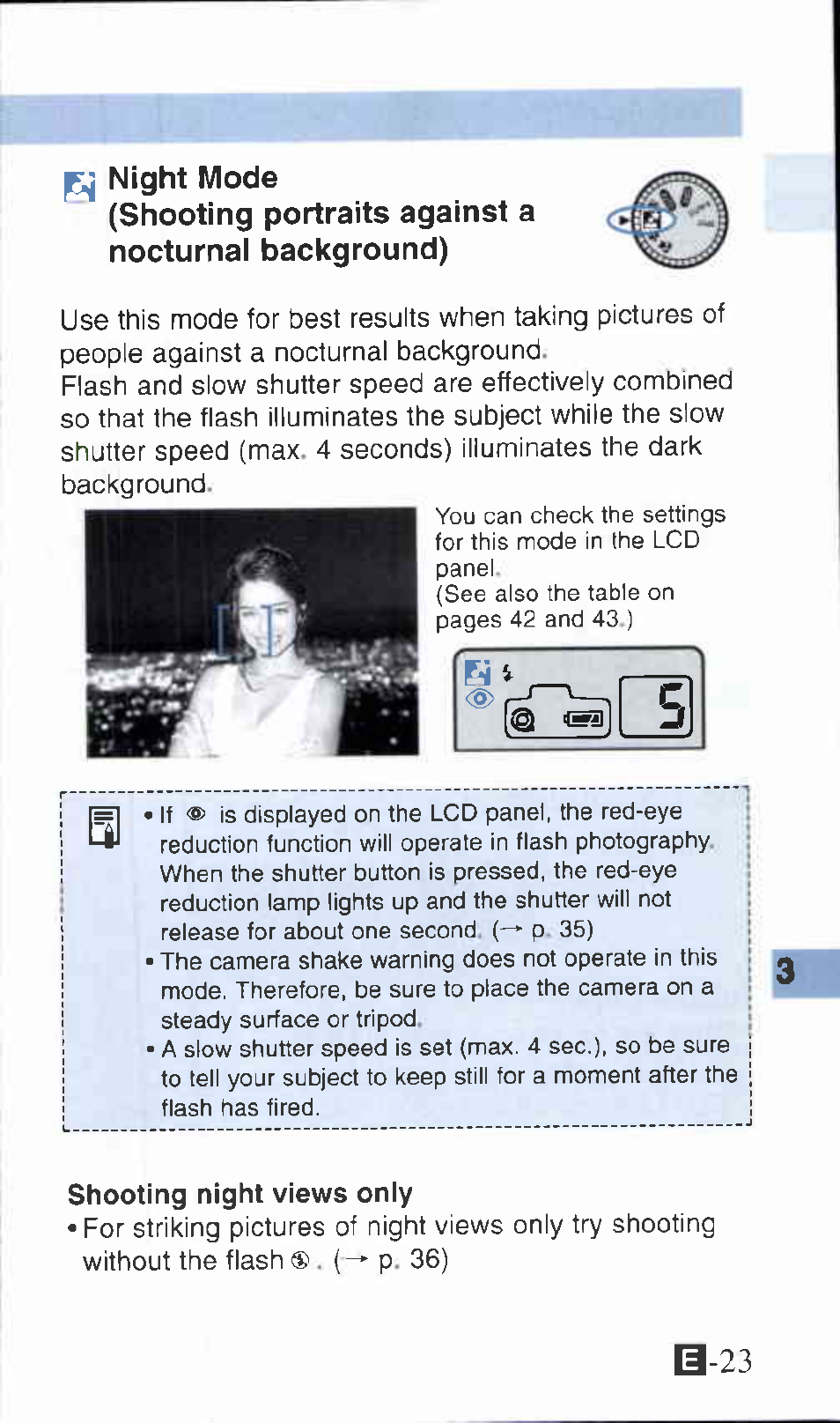 Night mode, Shooting portraits against a nocturnai background), Shooting night views only | Canon Z135 User Manual | Page 23 / 43
