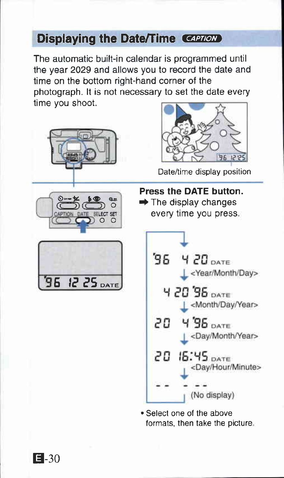 Displaying the date/time c<ri/w.'a, Press the date button, Displaying the date/time | B-30 | Canon Z135 User Manual | Page 30 / 43
