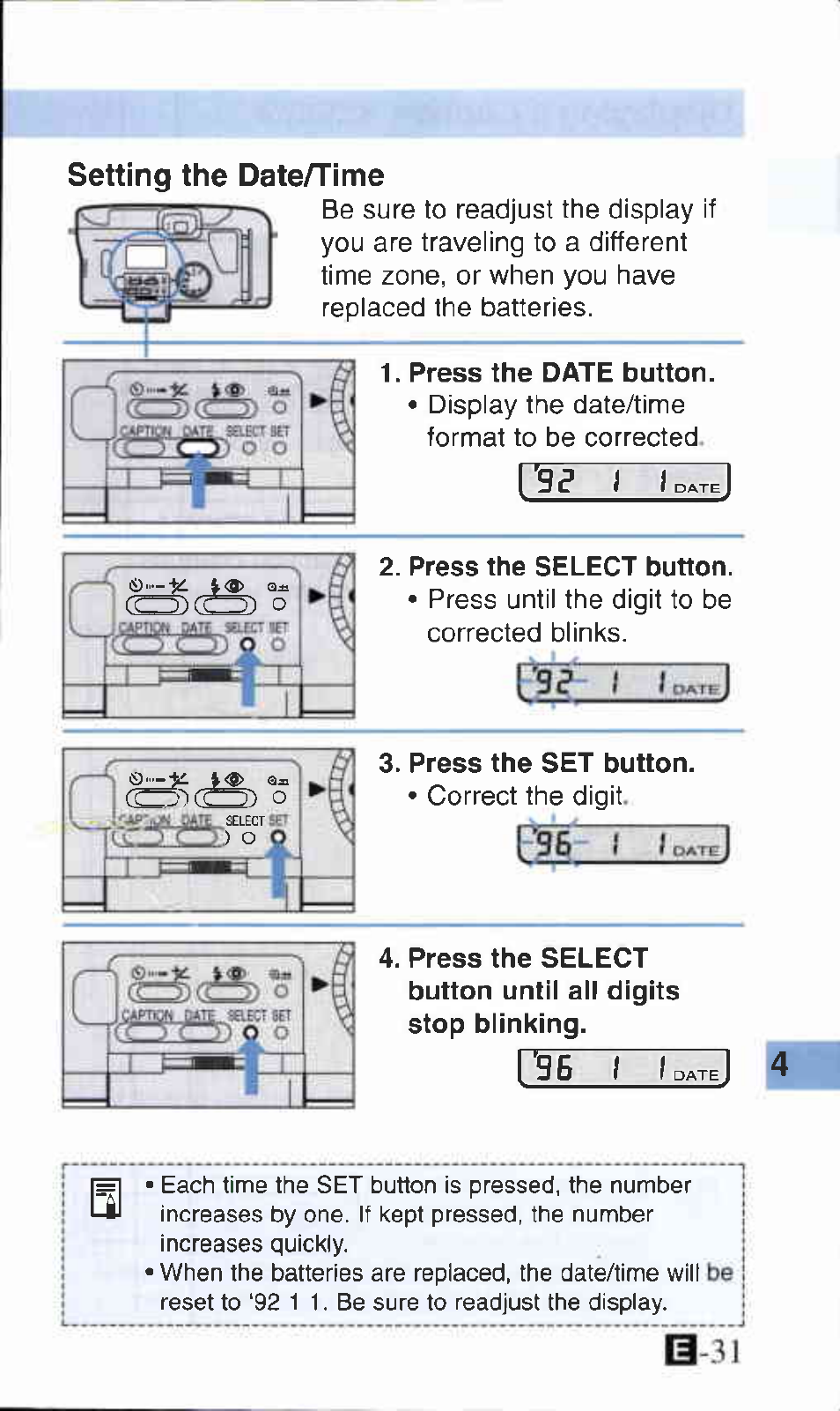 Setting the date^ime, Press the date button, Press the select button | Press the set button | Canon Z135 User Manual | Page 31 / 43
