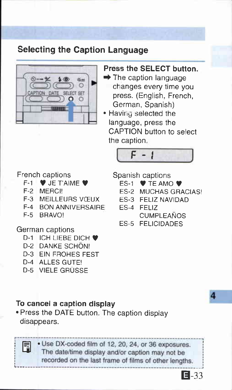 Press the select button, To cancel a caption display, F - i | Canon Z135 User Manual | Page 33 / 43