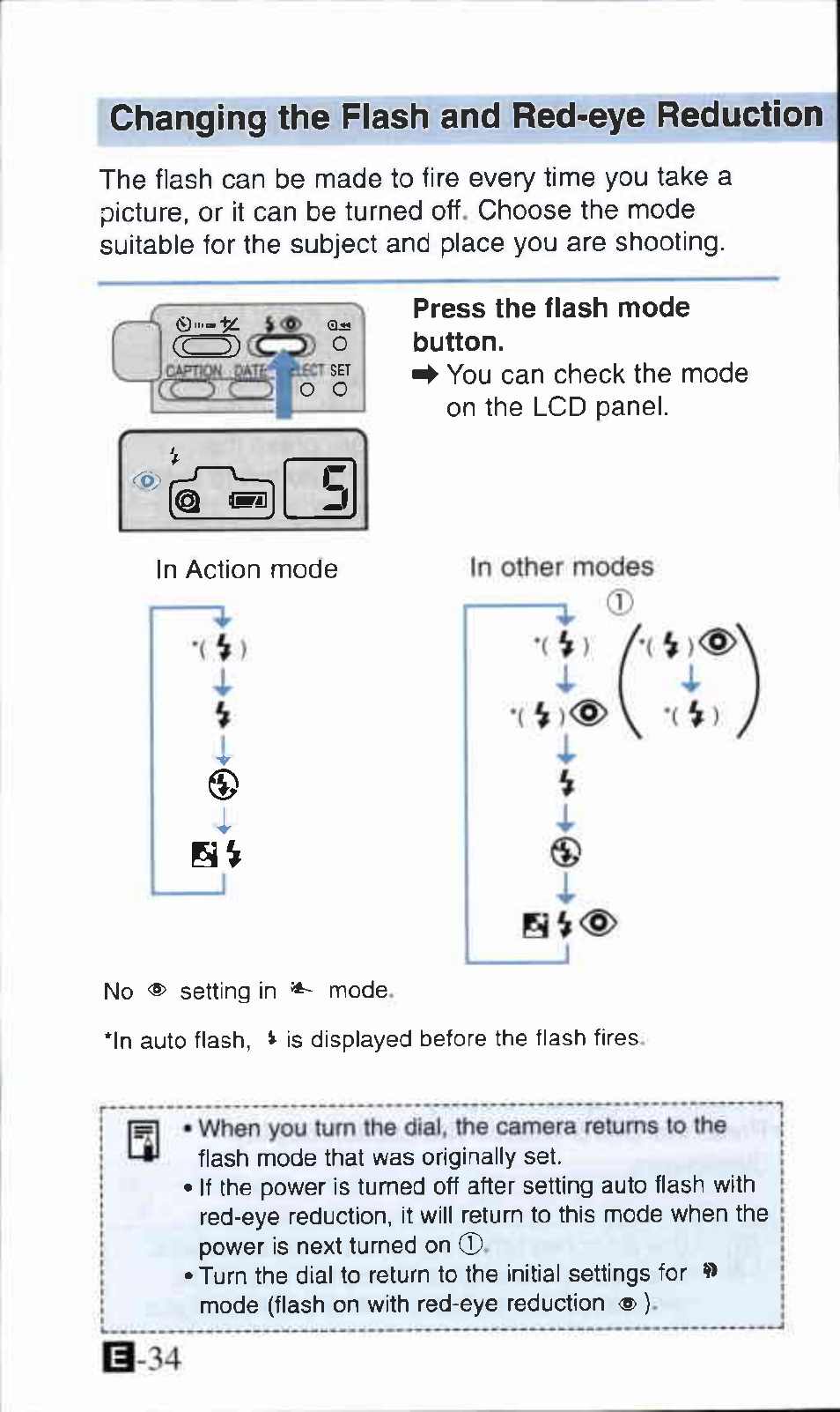 Changing the flash and red-eye reduction, Press the flash mode button, Changing the rash and red-eye reduction modes | Canon Z135 User Manual | Page 34 / 43