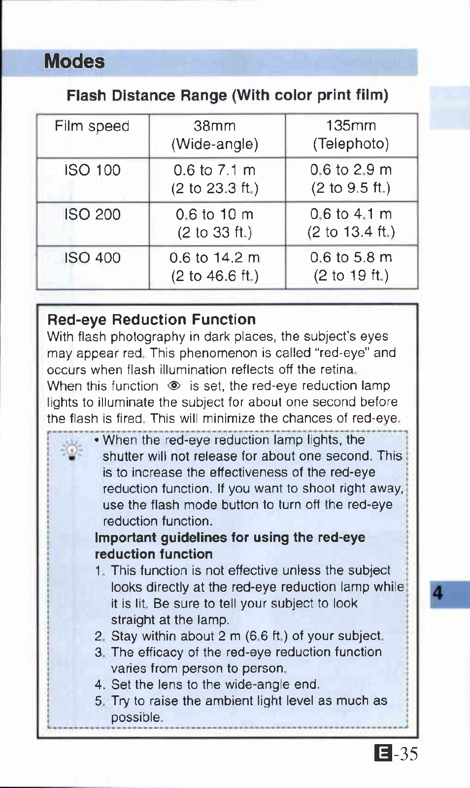 Modes, Flash distance range (with coior print fiim), Red-eye reduction function | Canon Z135 User Manual | Page 35 / 43
