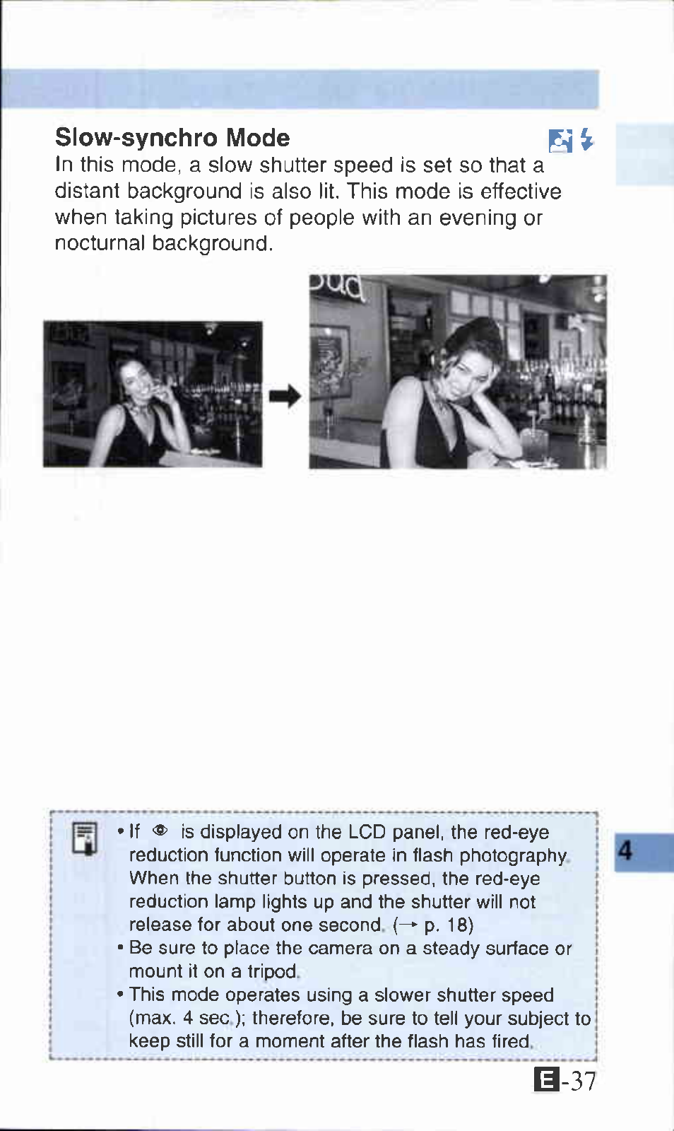 Slow-synchro mode, Slow-synchro mode s | Canon Z135 User Manual | Page 37 / 43
