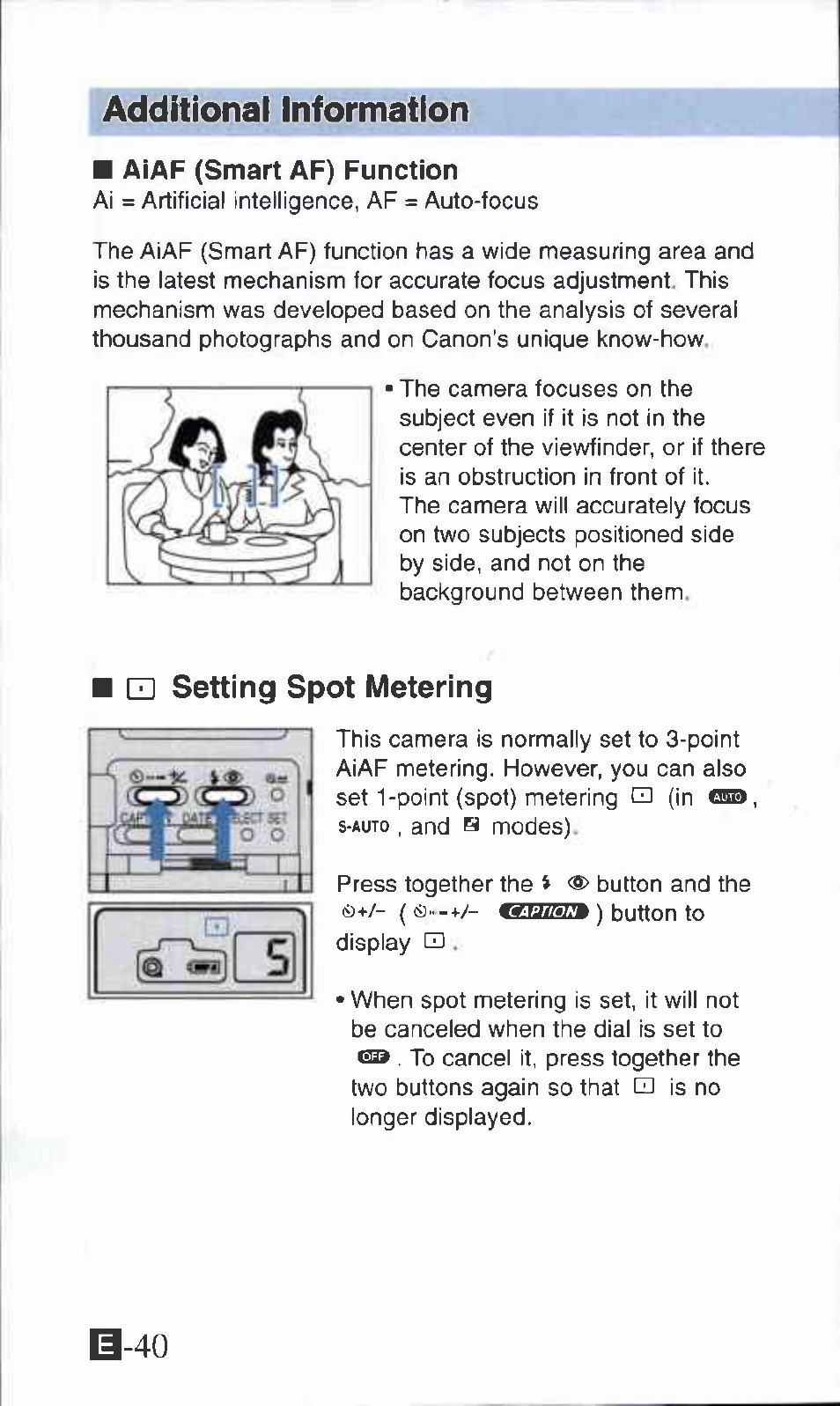 Additional information, U setting spot metering, Setting spot metering | Canon Z135 User Manual | Page 40 / 43
