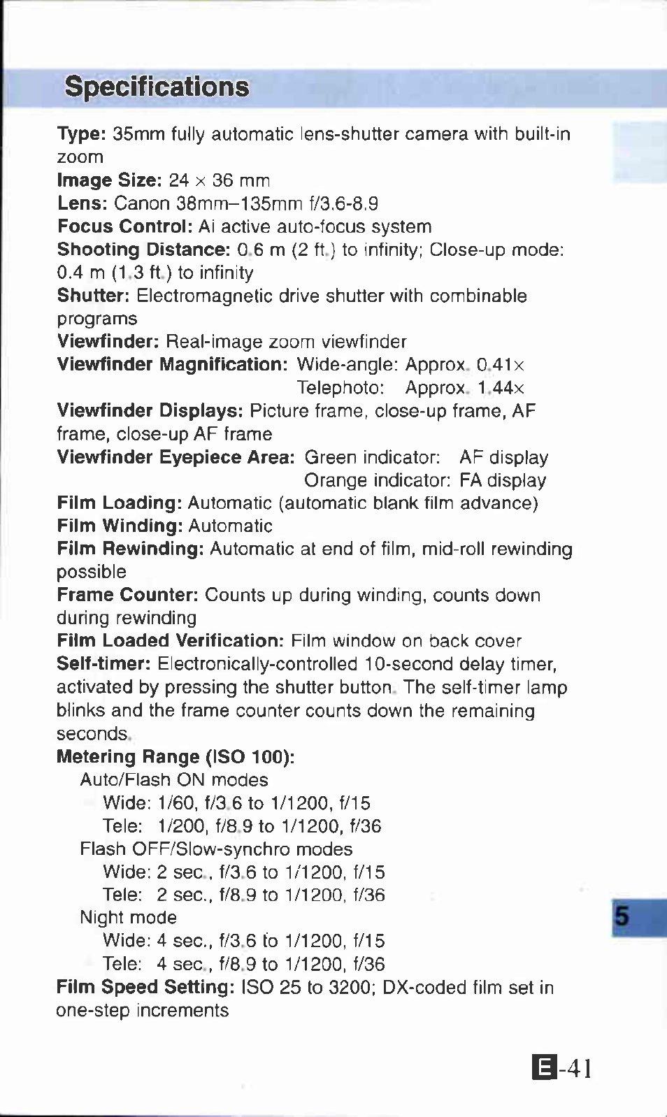 Specifications, S-41 | Canon Z135 User Manual | Page 41 / 43