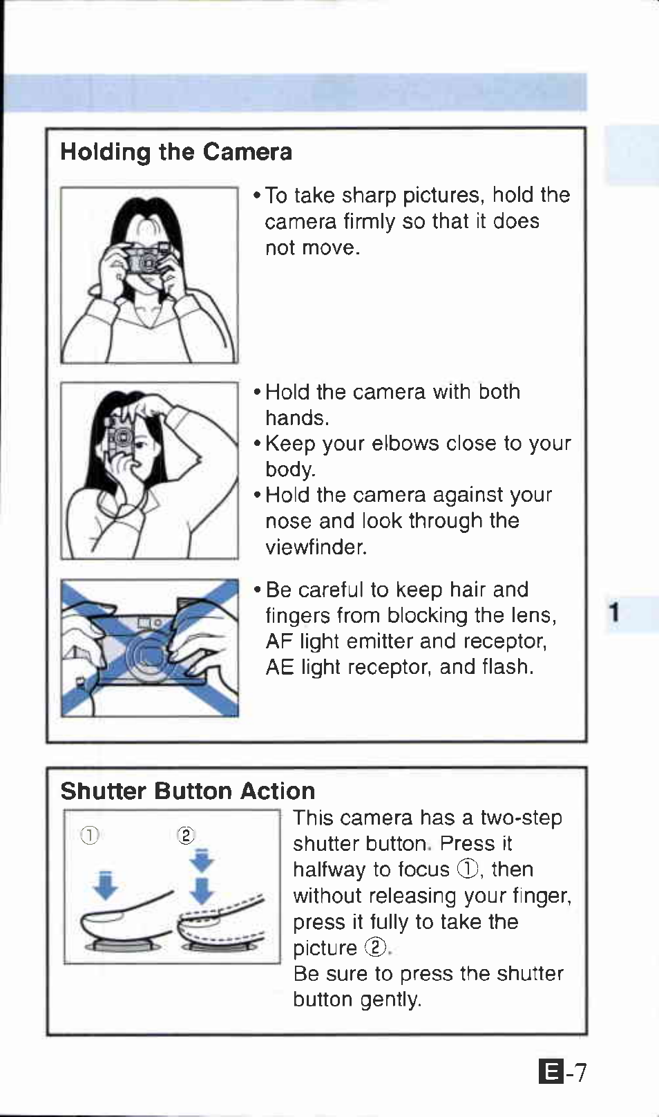 Holding the camera, Shutter button action, Holding the camera shutter button action | Canon Z135 User Manual | Page 7 / 43