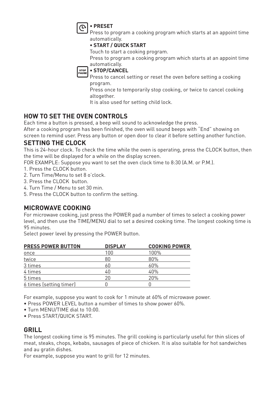 How to set the oven controls, Setting the clock, Microwave cooking | Grill | Cata MC 25 GTC BK User Manual | Page 14 / 20