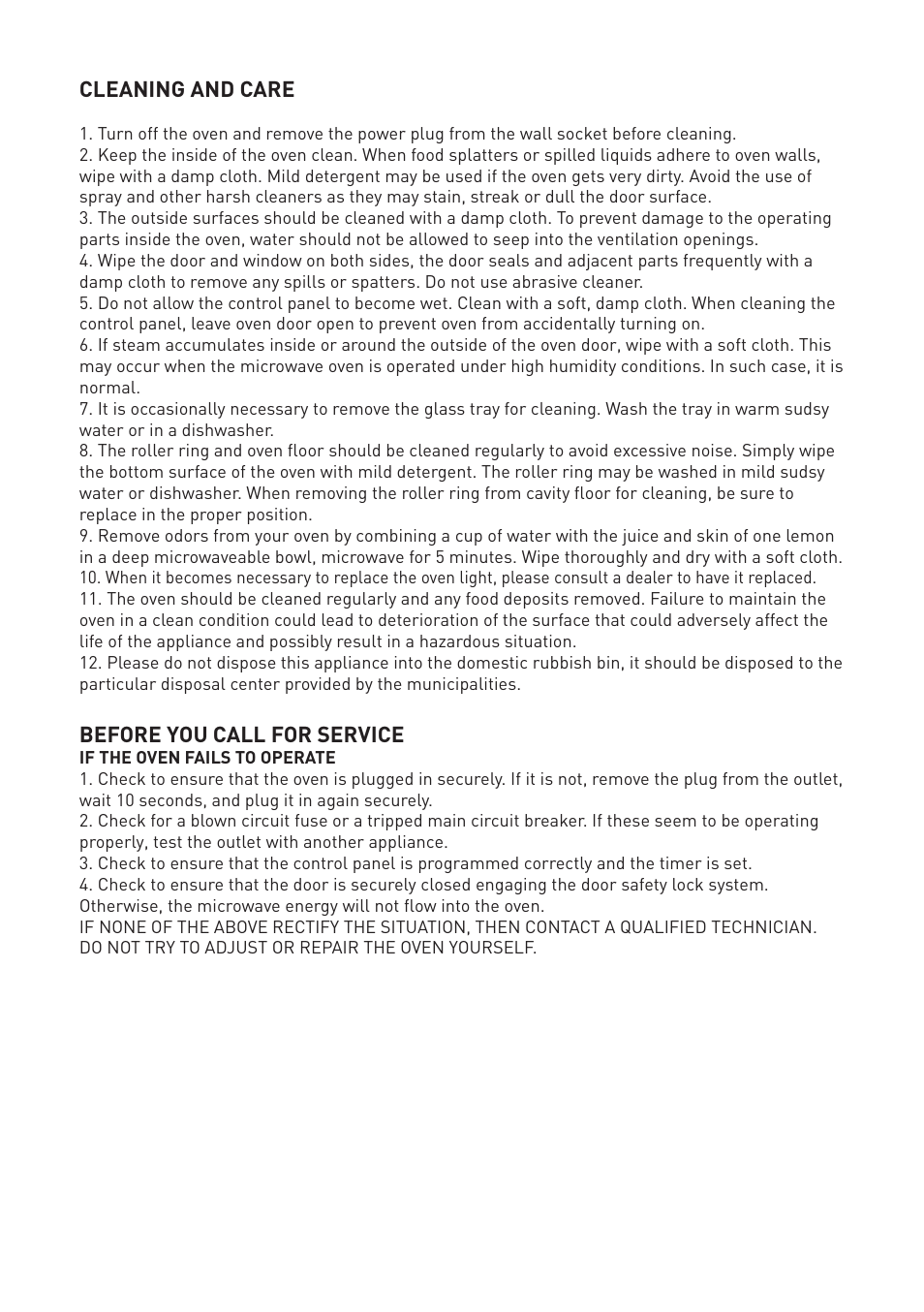 Cleaning and care, Before you call for service | Cata MC 25 GTC BK User Manual | Page 17 / 20