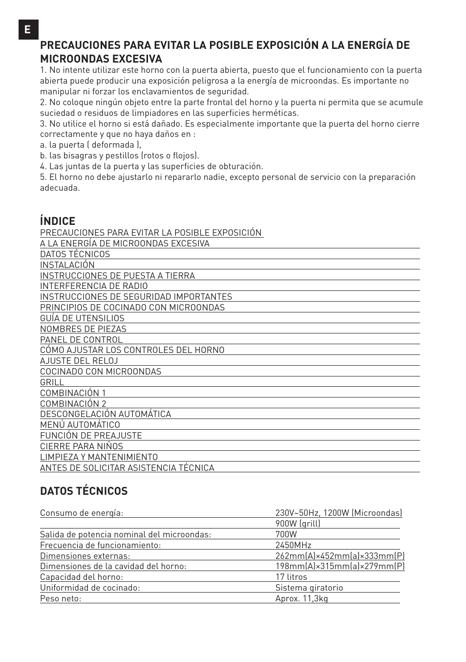 Índice, Datos técnicos | Cata MC 25 GTC BK User Manual | Page 2 / 20