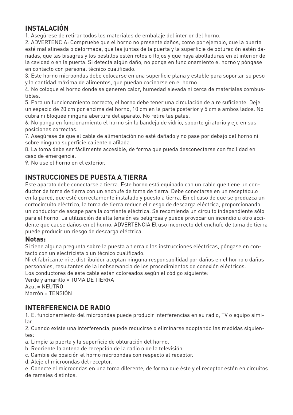 Instalación, Instrucciones de puesta a tierra, Notas | Interferencia de radio | Cata MC 25 GTC BK User Manual | Page 3 / 20