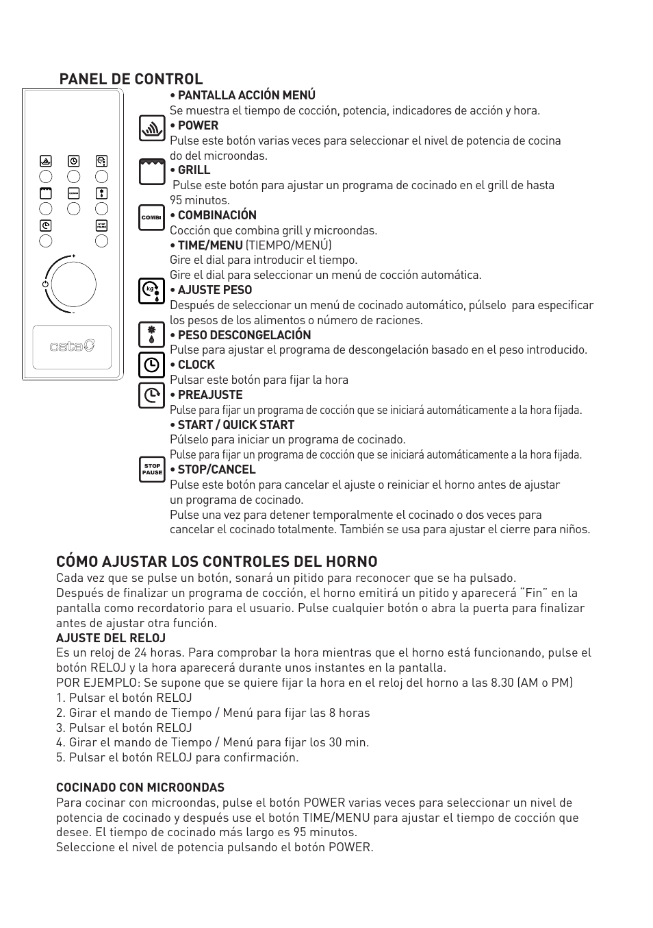 Panel de control, Cómo ajustar los controles del horno | Cata MC 25 GTC BK User Manual | Page 6 / 20