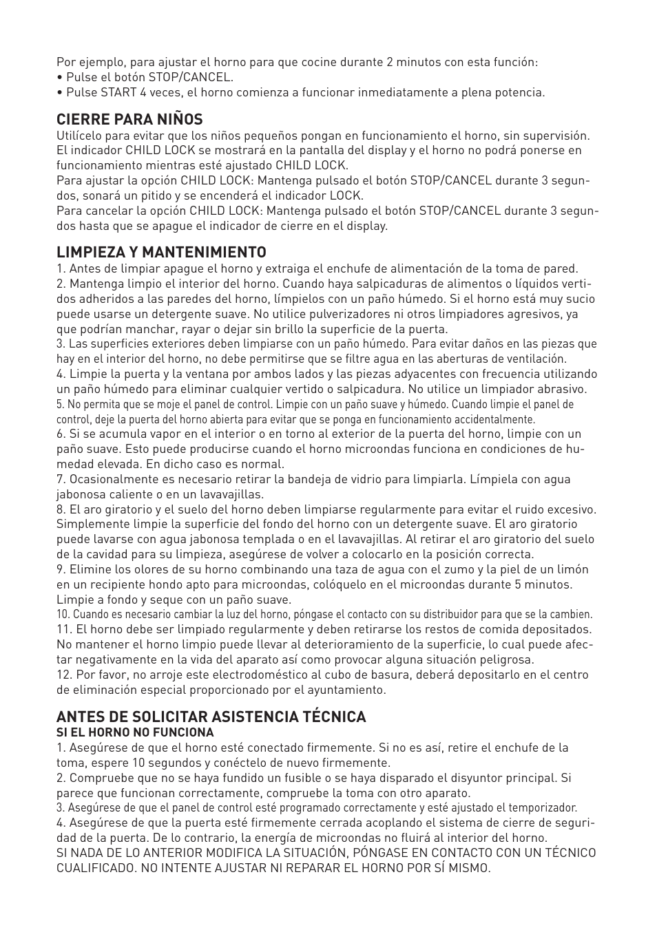 Cierre para niños, Limpieza y mantenimiento, Antes de solicitar asistencia técnica | Cata MC 25 GTC BK User Manual | Page 9 / 20