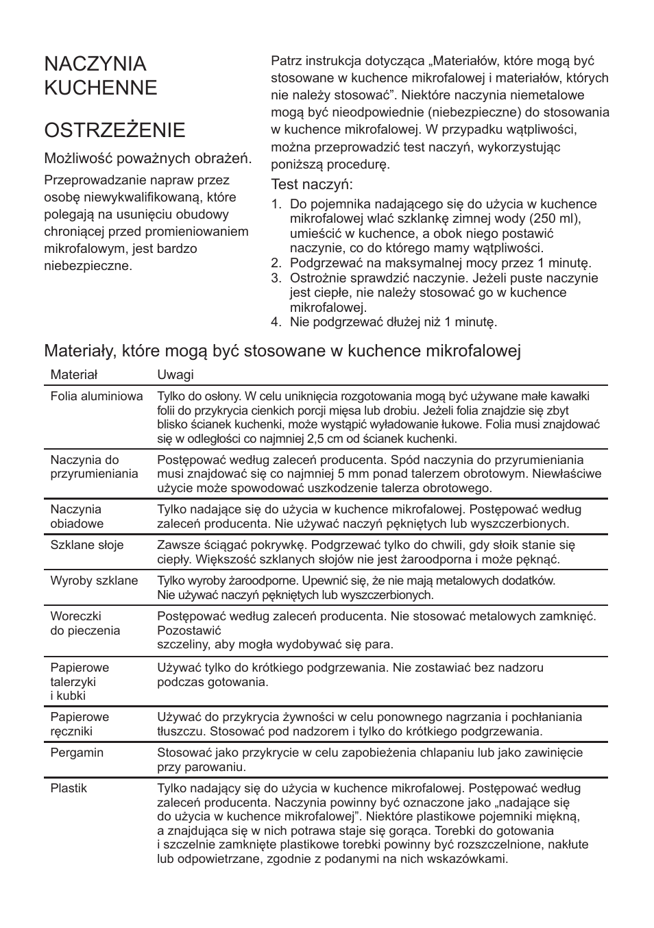 Naczynia kuchenne ostrzeżenie | Cata FS 20 BK User Manual | Page 103 / 142