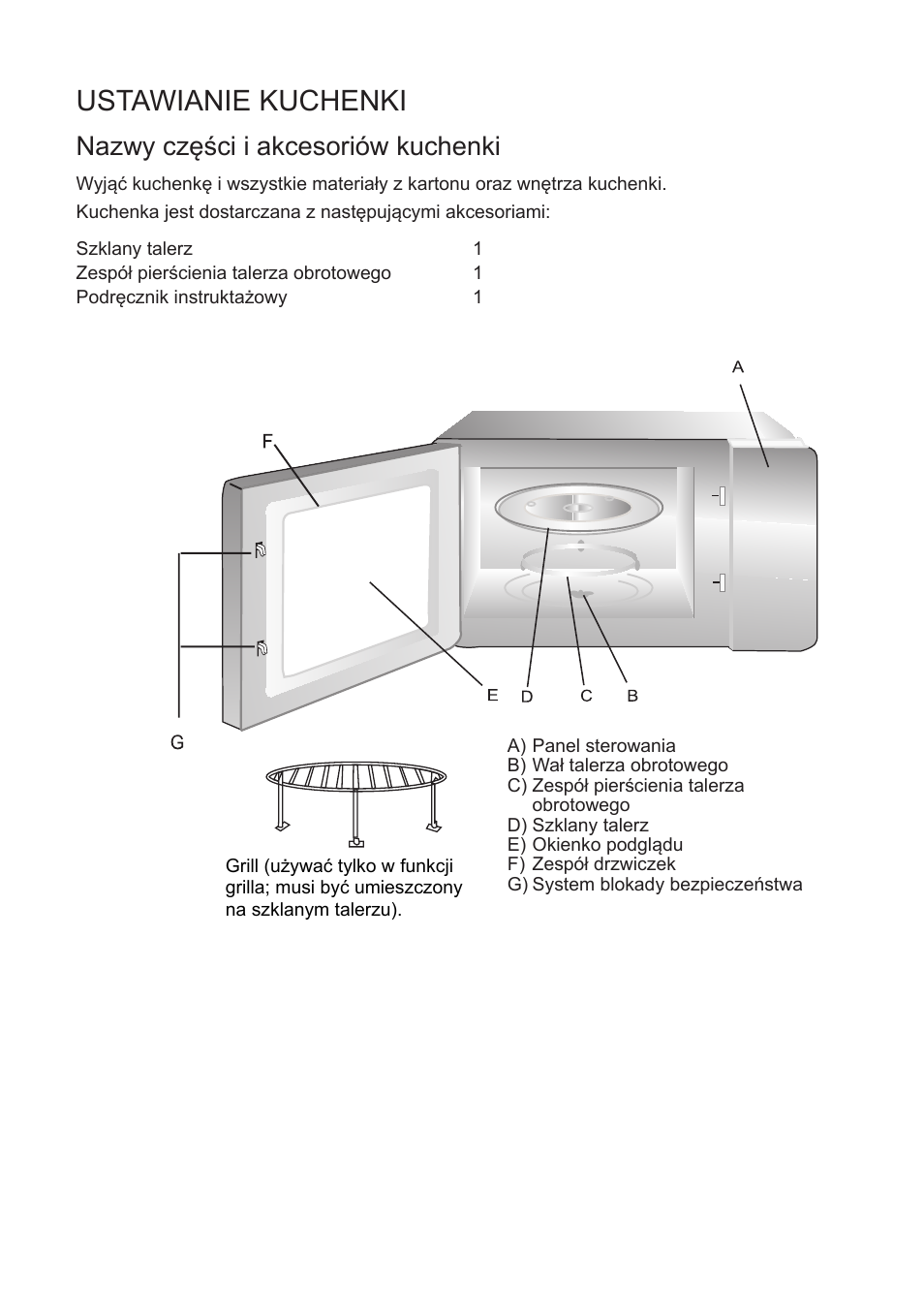 Ustawianie kuchenki, Nazwy części i akcesoriów kuchenki | Cata FS 20 BK User Manual | Page 105 / 142