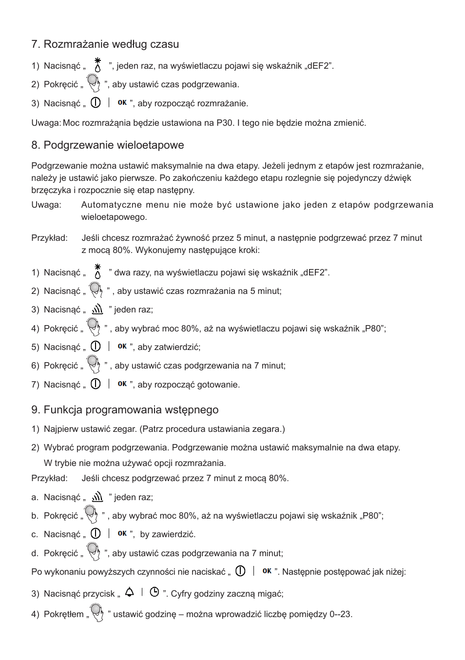 Rozmrażanie według czasu, Podgrzewanie wieloetapowe, Funkcja programowania wstępnego | Cata FS 20 BK User Manual | Page 109 / 142