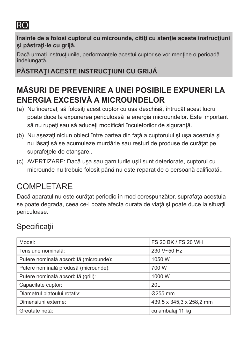 Completare, Specificaţii | Cata FS 20 BK User Manual | Page 113 / 142