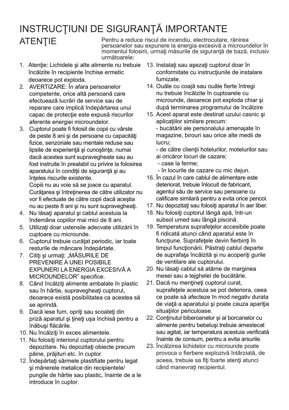 Instrucţiuni de siguranţă importante, Atenţie | Cata FS 20 BK User Manual | Page 114 / 142