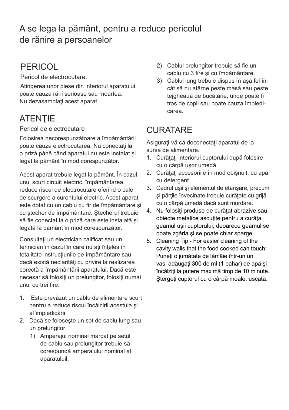 Pericol, Atenţie, Curatare | Cata FS 20 BK User Manual | Page 116 / 142