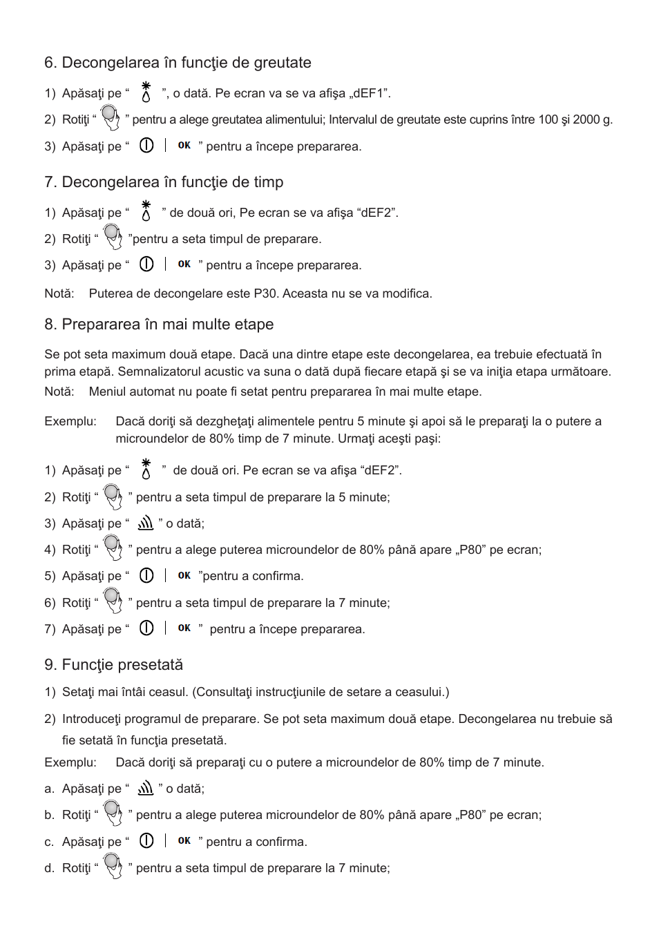 Decongelarea în funcţie de greutate, Decongelarea în funcţie de timp, Prepararea în mai multe etape | Funcţie presetată | Cata FS 20 BK User Manual | Page 123 / 142