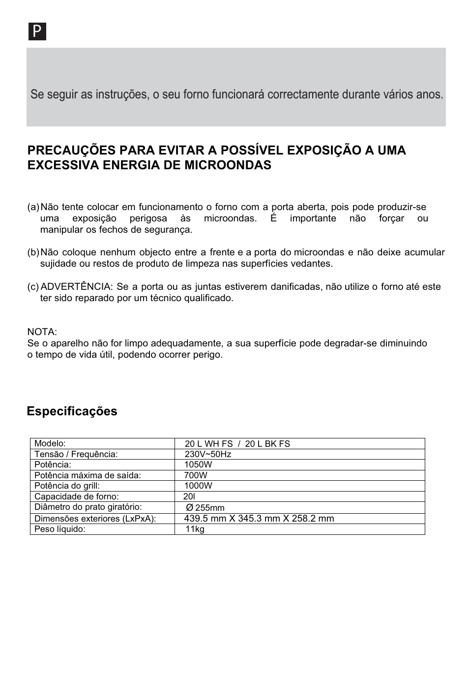 Especificações | Cata FS 20 BK User Manual | Page 14 / 142