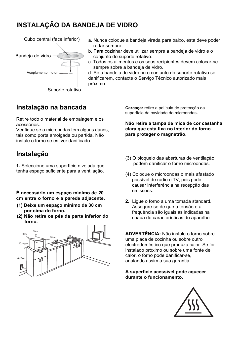 Instalação da bandeja de vidro, Instalação na bancada, Instalação | Cata FS 20 BK User Manual | Page 19 / 142