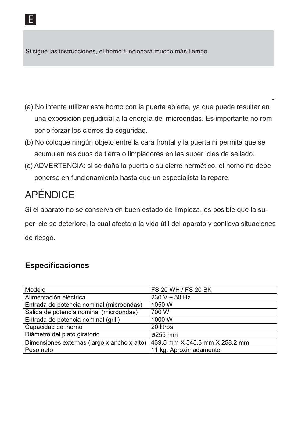 Apéndice, Especificaciones | Cata FS 20 BK User Manual | Page 2 / 142