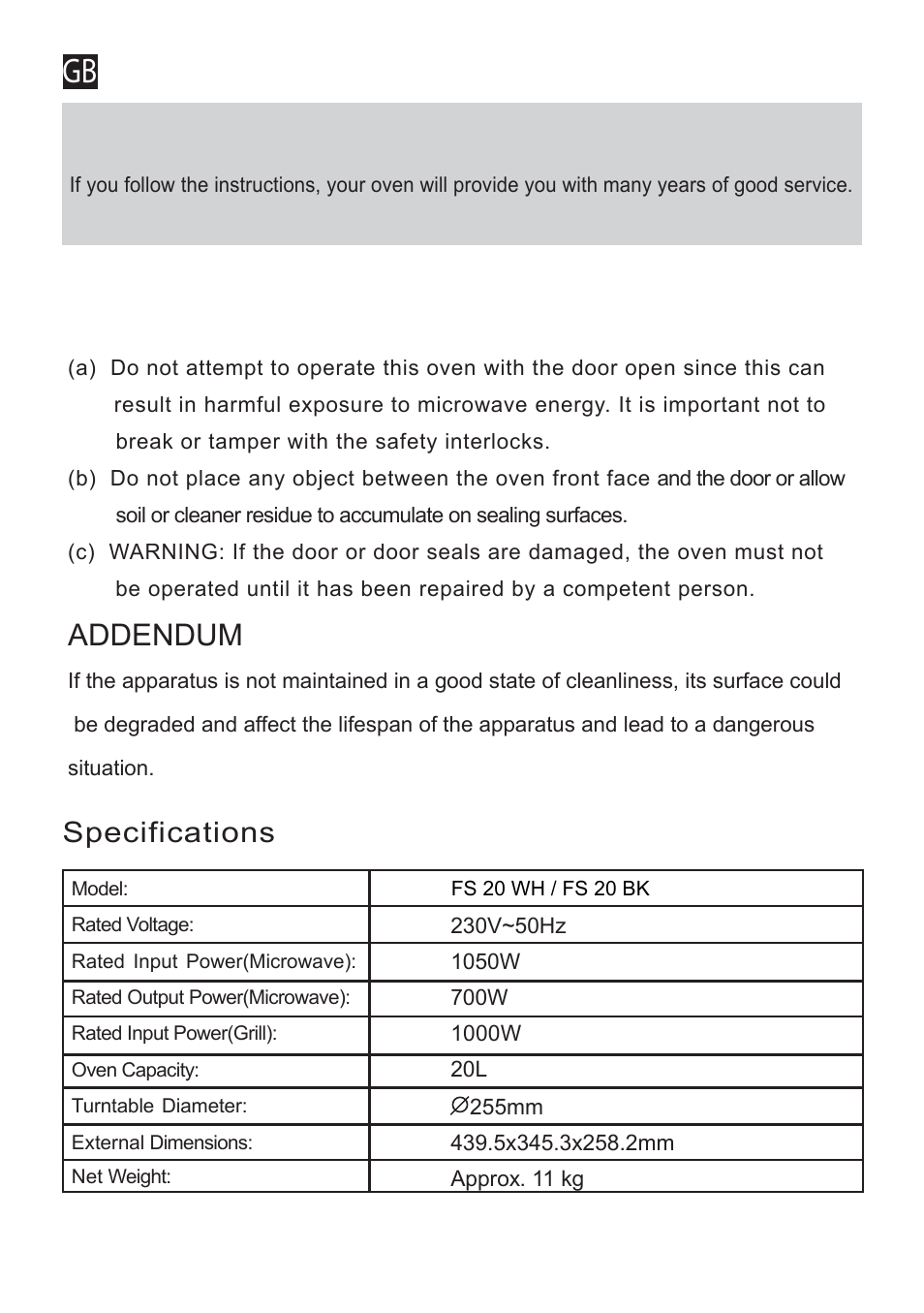 Addendum, Specifications | Cata FS 20 BK User Manual | Page 26 / 142