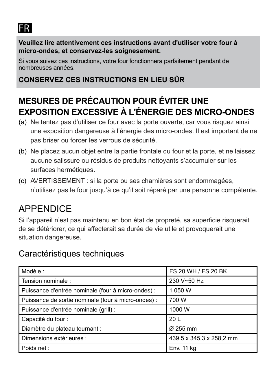 Appendice, Caractéristiques techniques | Cata FS 20 BK User Manual | Page 39 / 142